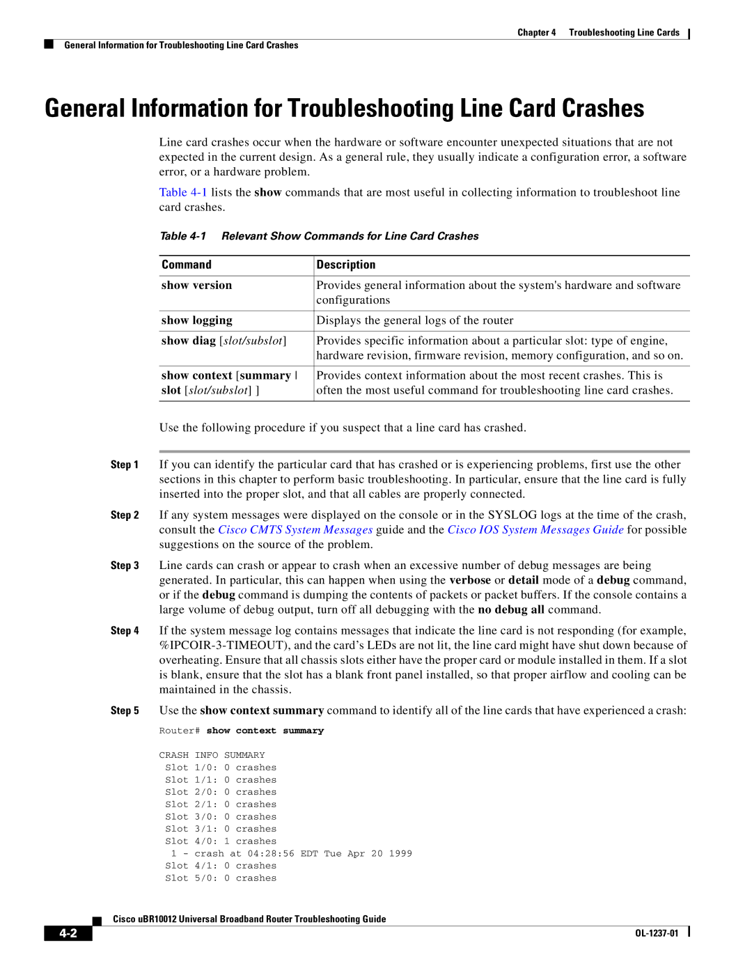 Cisco Systems UBR10012 manual General Information for Troubleshooting Line Card Crashes, Command Description 