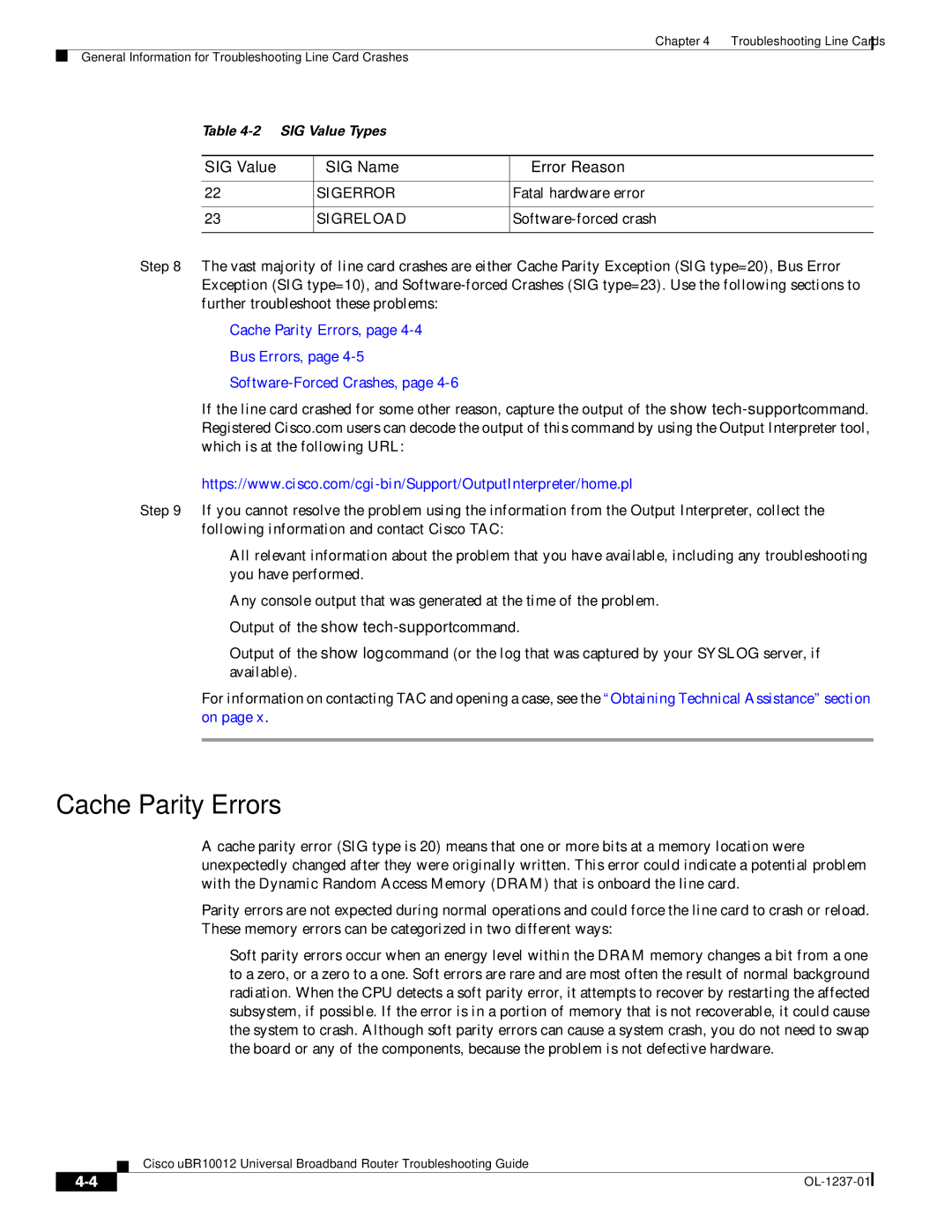 Cisco Systems UBR10012 manual Cache Parity Errors, Sigerror, Sigreload 