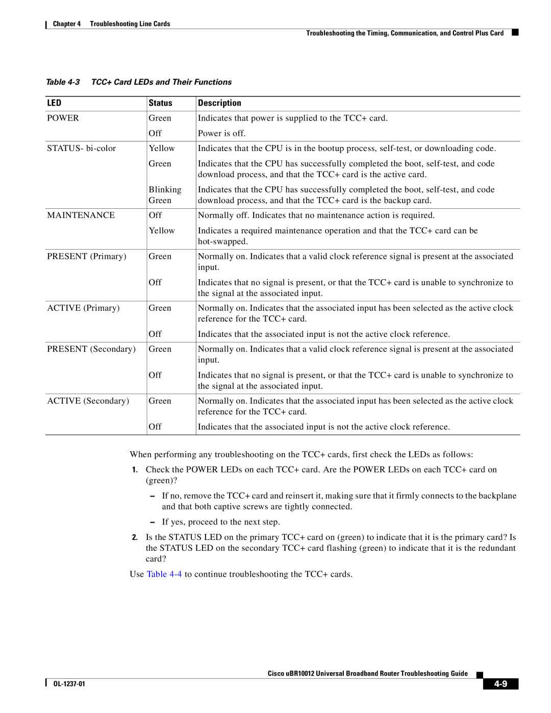 Cisco Systems UBR10012 manual Status Description, Power, Maintenance 