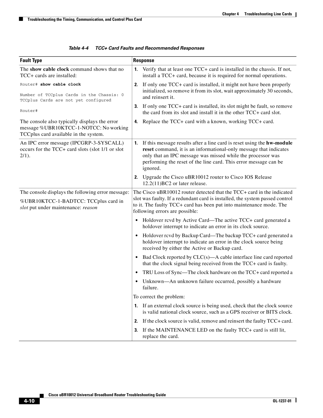 Cisco Systems UBR10012 manual Fault Type Response 