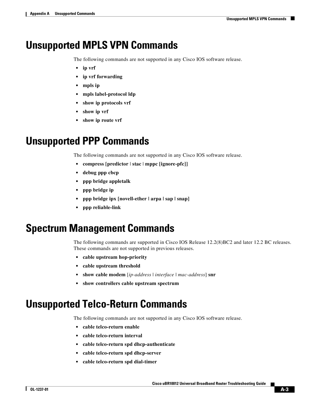 Cisco Systems UBR10012 manual Unsupported Mpls VPN Commands, Unsupported PPP Commands, Spectrum Management Commands 