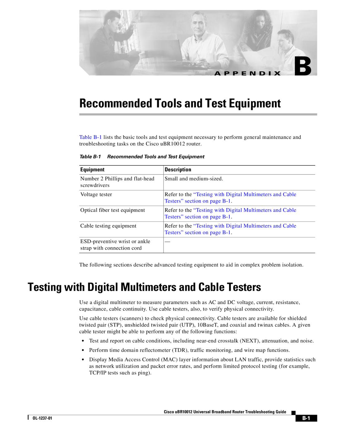 Cisco Systems UBR10012 manual Testing with Digital Multimeters and Cable Testers, Equipment Description 