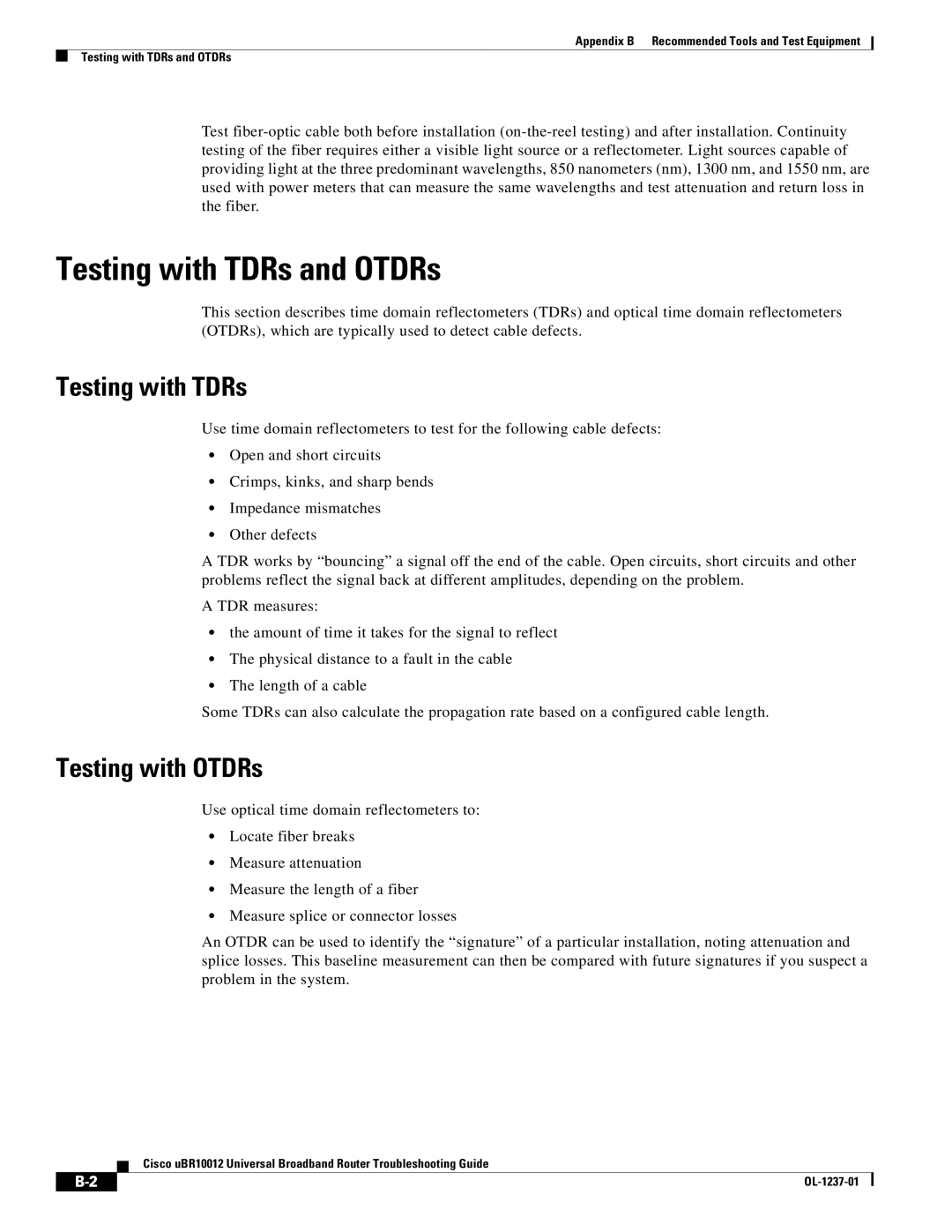 Cisco Systems UBR10012 manual Testing with TDRs and OTDRs, Testing with OTDRs 