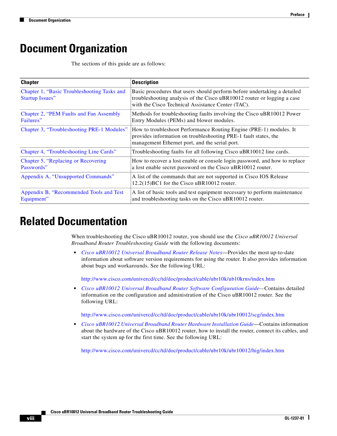 Cisco Systems UBR10012 manual Document Organization, Related Documentation, Chapter Description 