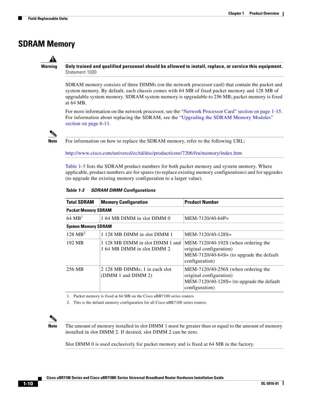 Cisco Systems UBR7100E specifications Total Sdram Memory Configuration Product Number 