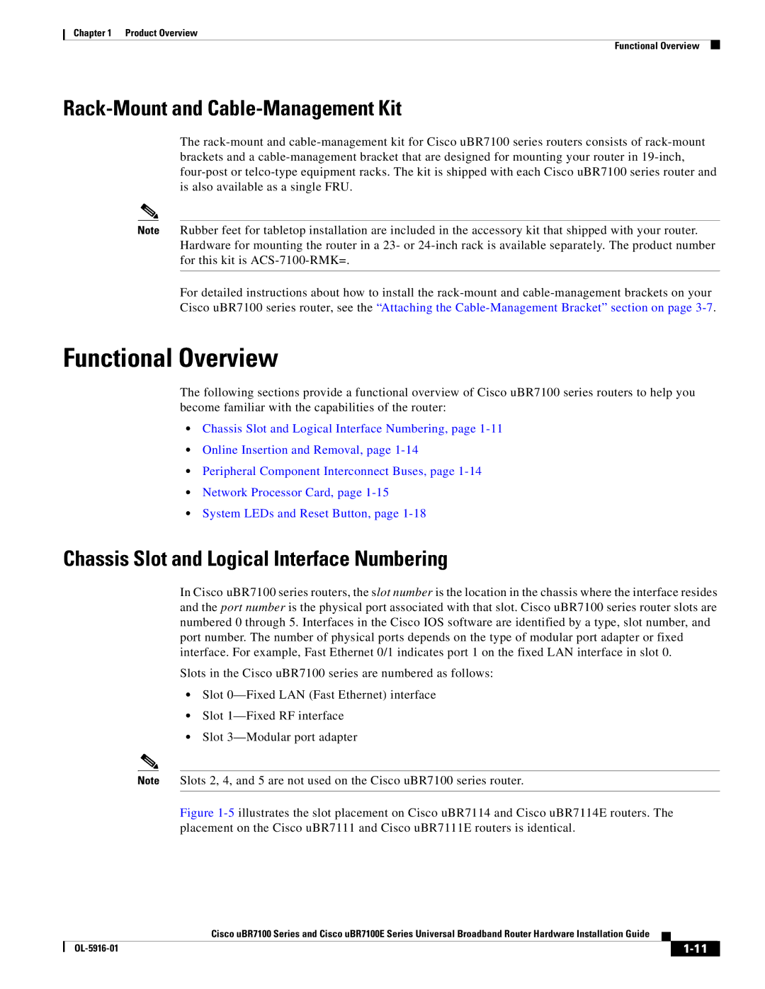 Cisco Systems UBR7100E specifications Functional Overview, Rack-Mount and Cable-Management Kit 