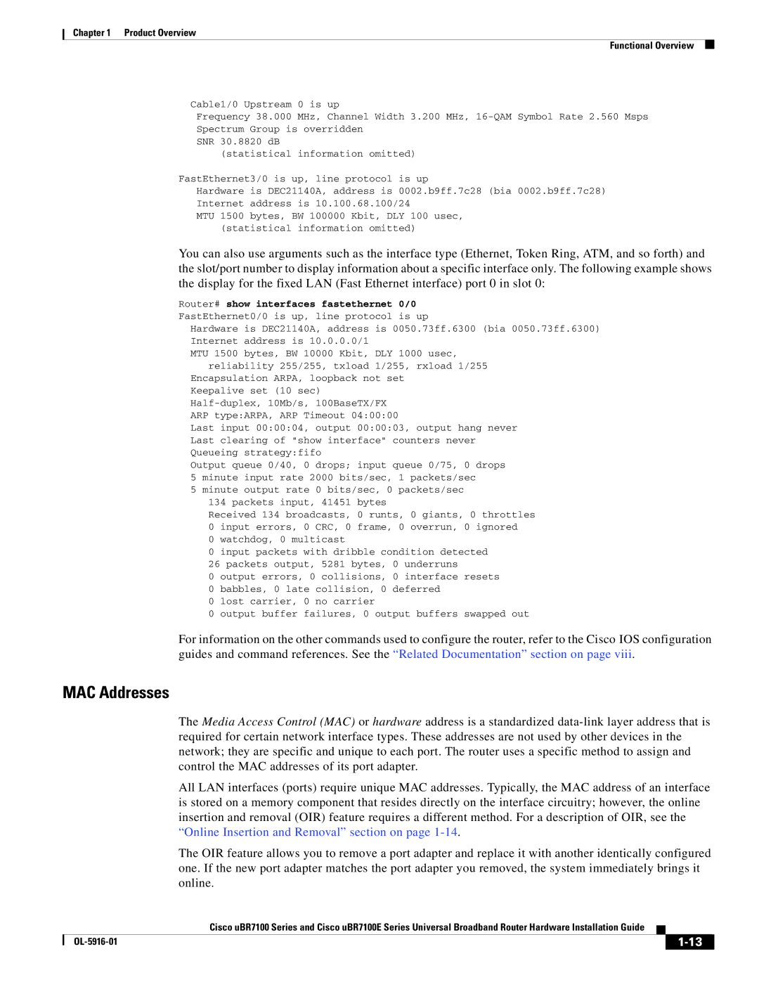 Cisco Systems UBR7100E specifications MAC Addresses 