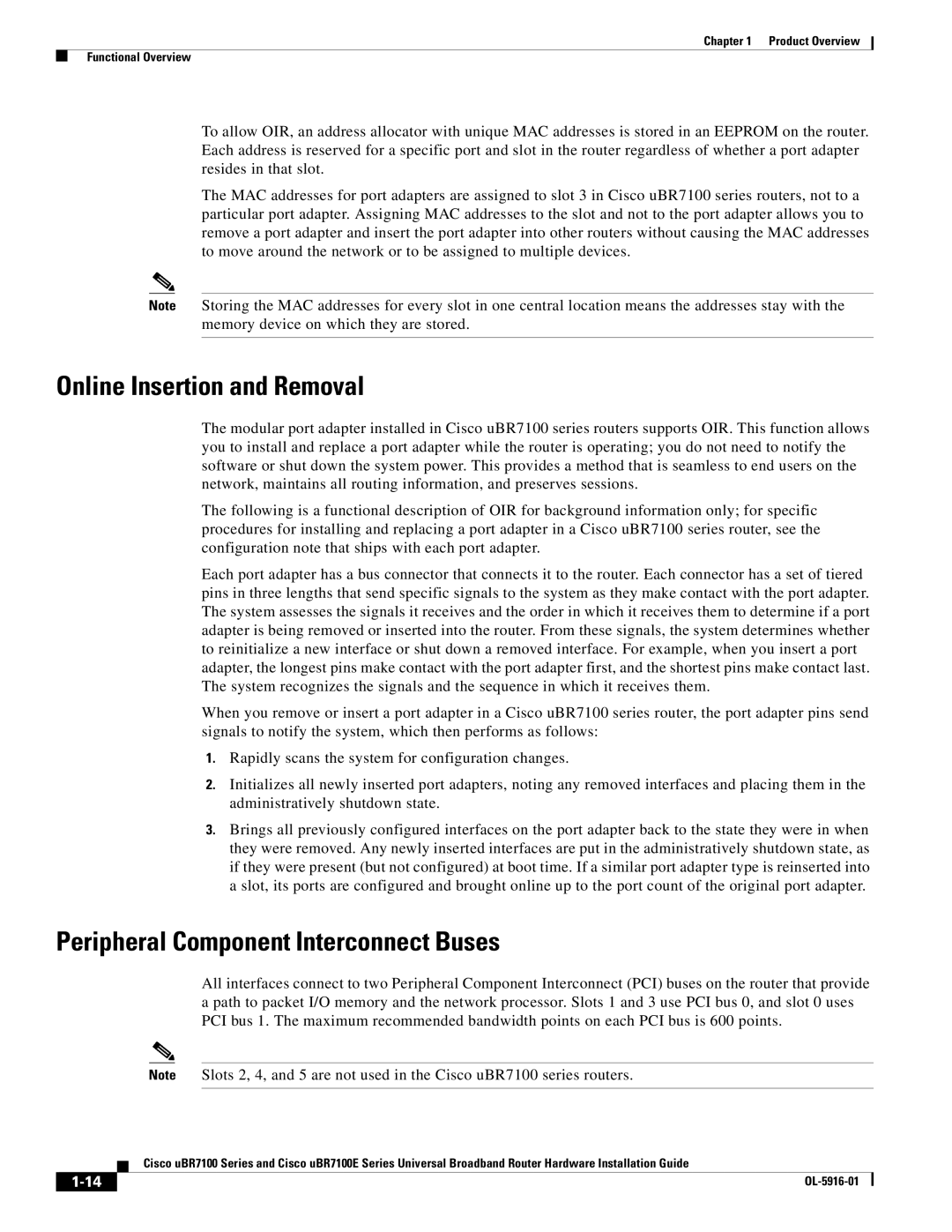 Cisco Systems UBR7100E specifications Online Insertion and Removal, Peripheral Component Interconnect Buses 