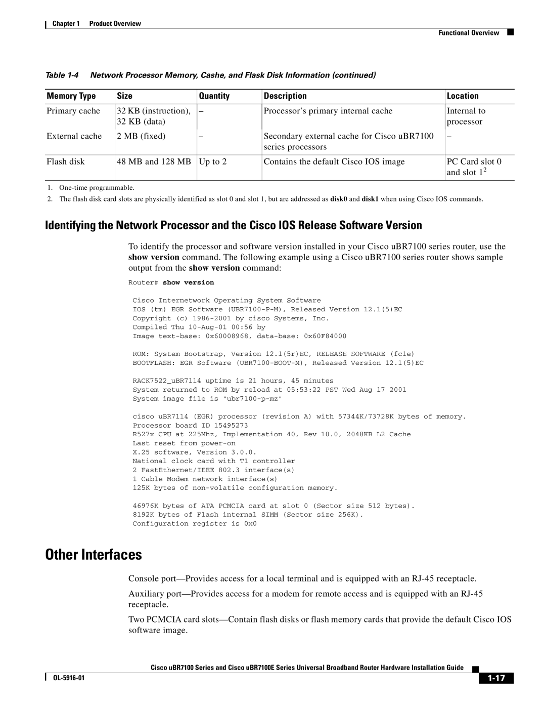 Cisco Systems UBR7100E specifications Other Interfaces, Router# show version 