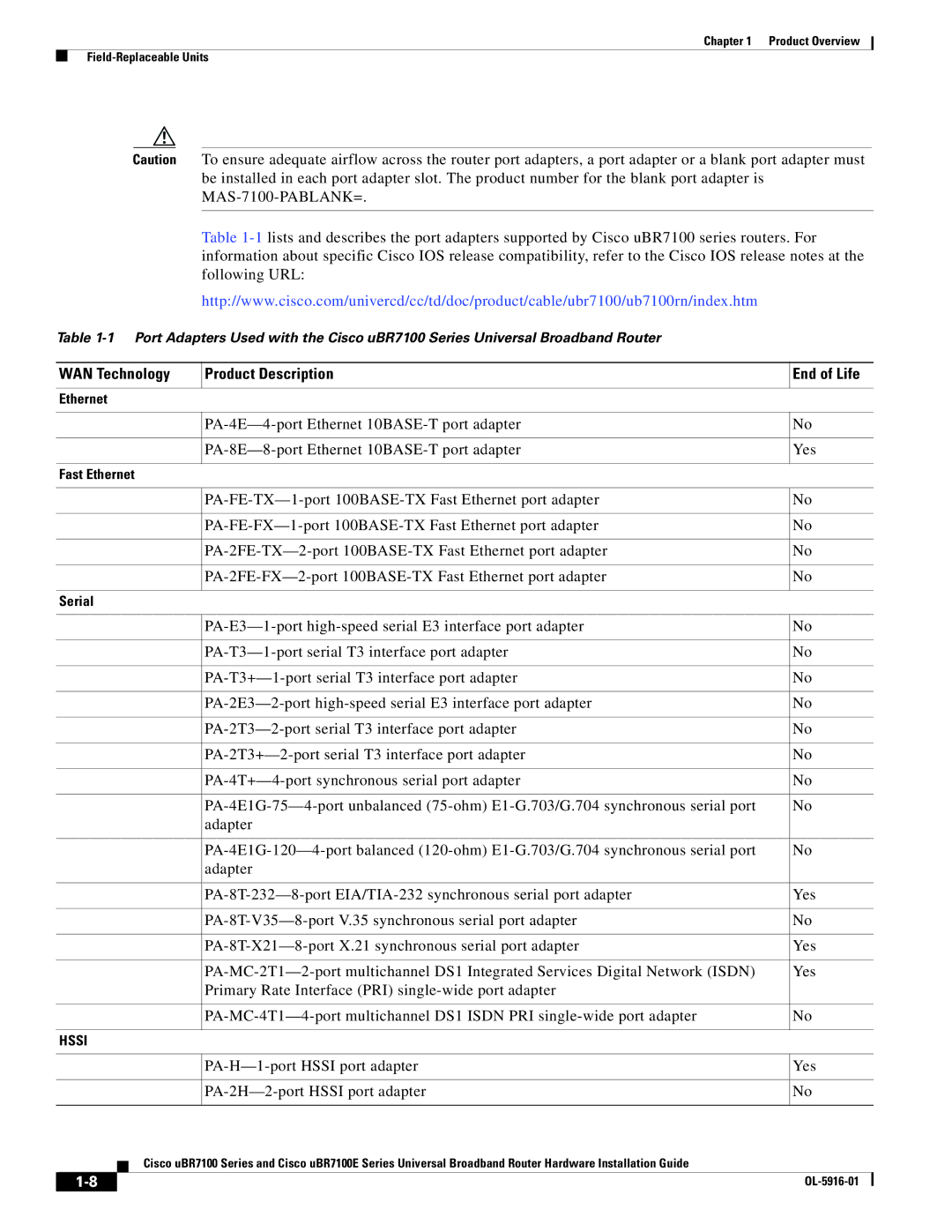 Cisco Systems UBR7100E specifications WAN Technology Product Description End of Life 