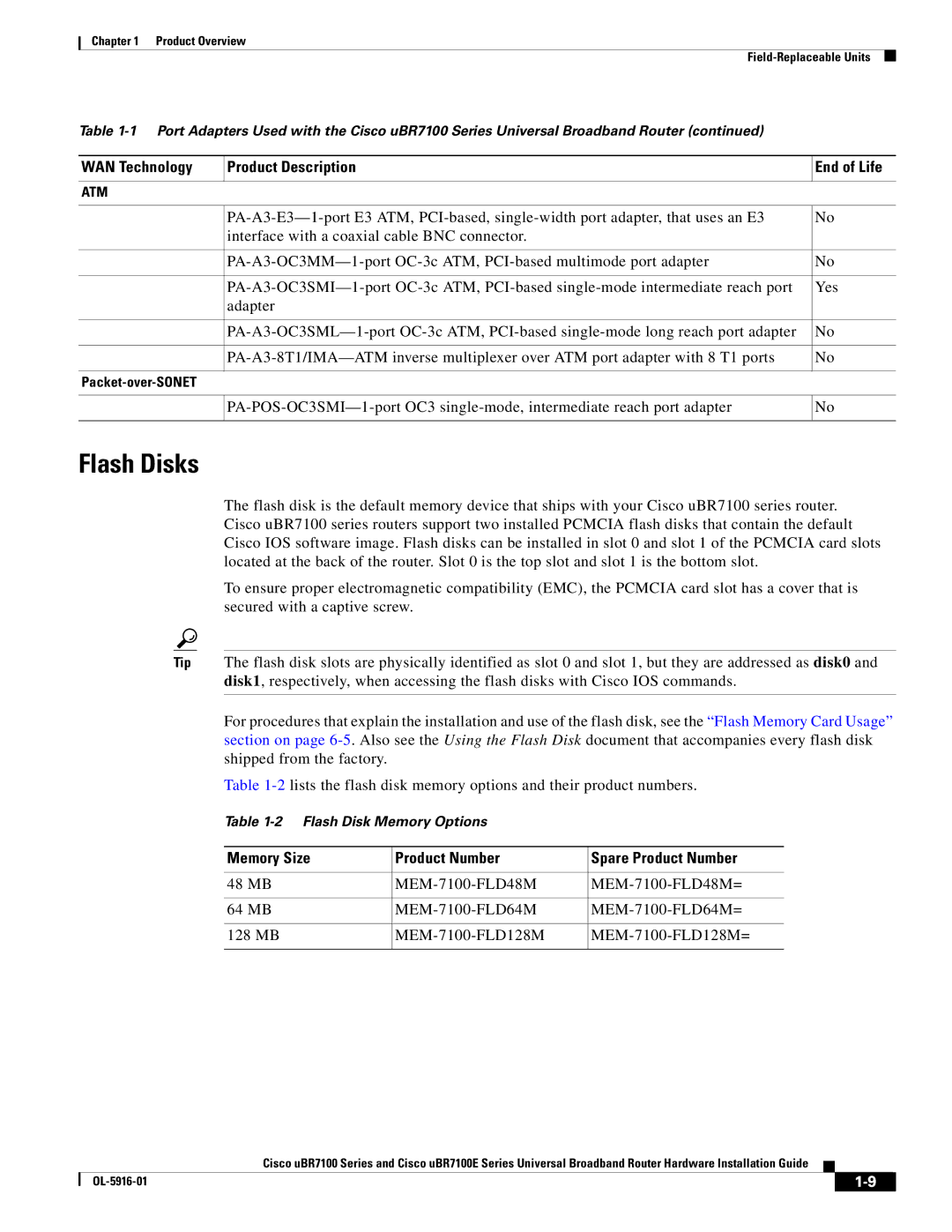 Cisco Systems UBR7100E specifications Flash Disks, Memory Size Product Number Spare Product Number 