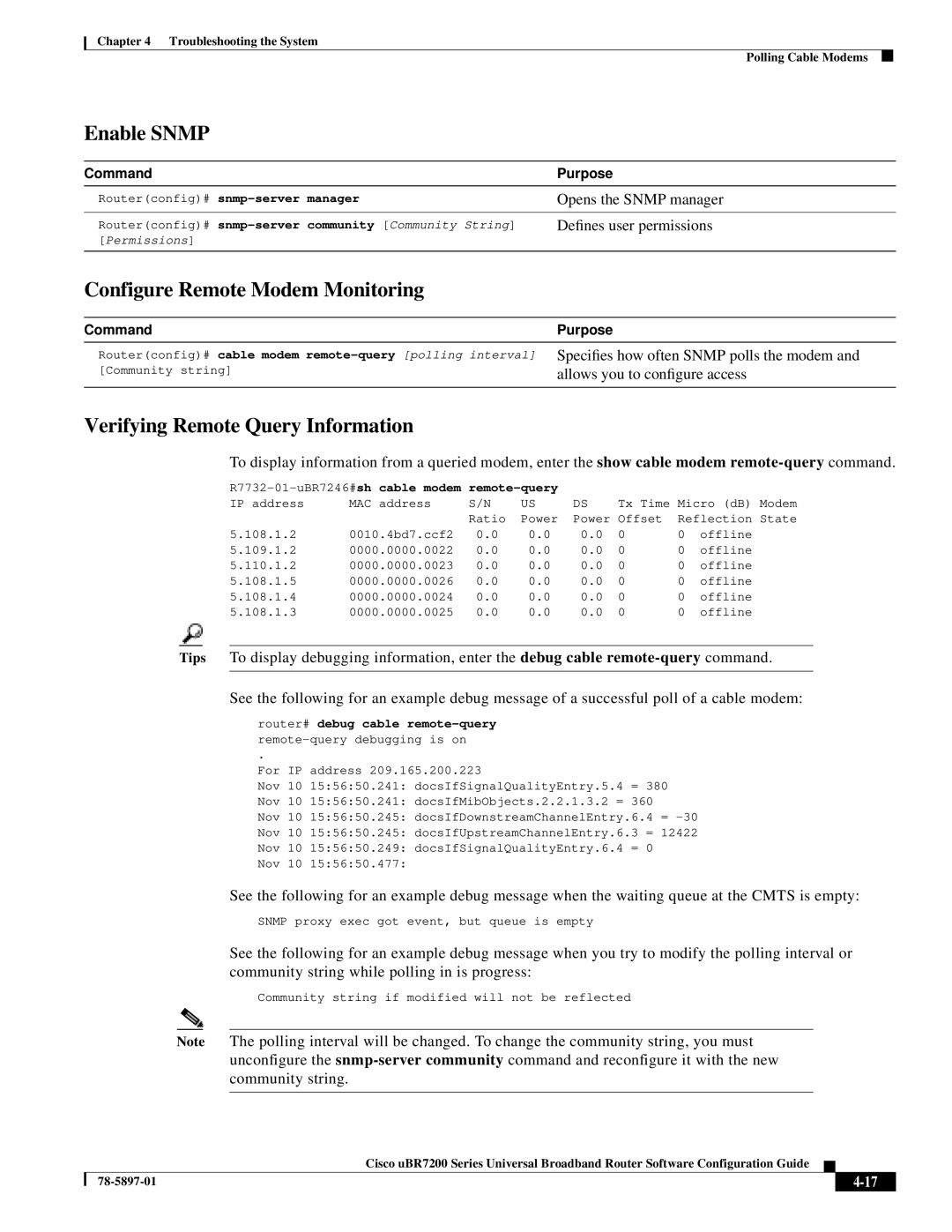 Cisco Systems uBR7200 Series manual Enable Snmp, Configure Remote Modem Monitoring, Verifying Remote Query Information 