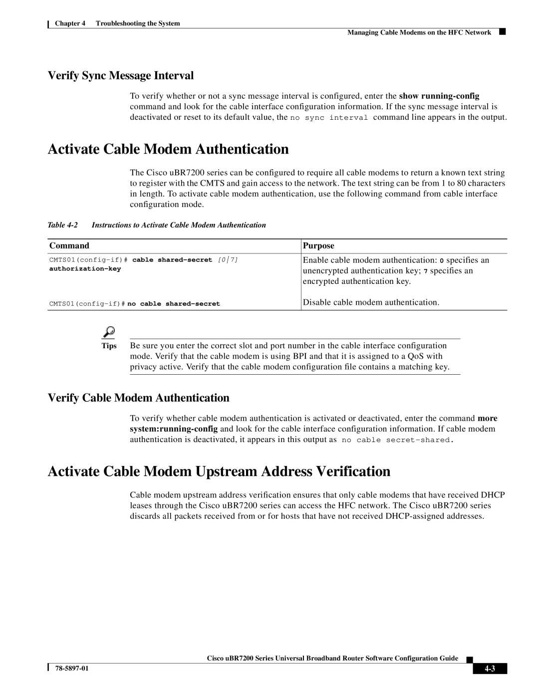 Cisco Systems uBR7200 Series manual Activate Cable Modem Authentication, Activate Cable Modem Upstream Address Verification 