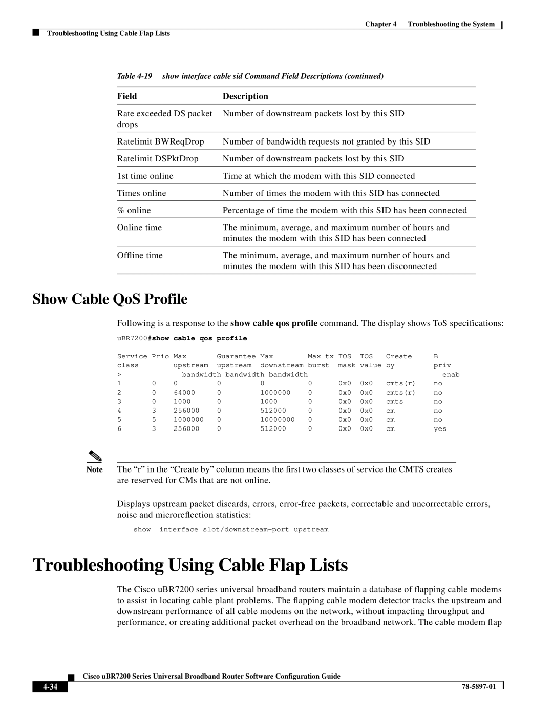 Cisco Systems uBR7200 Series manual Troubleshooting Using Cable Flap Lists, Show Cable QoS Profile 