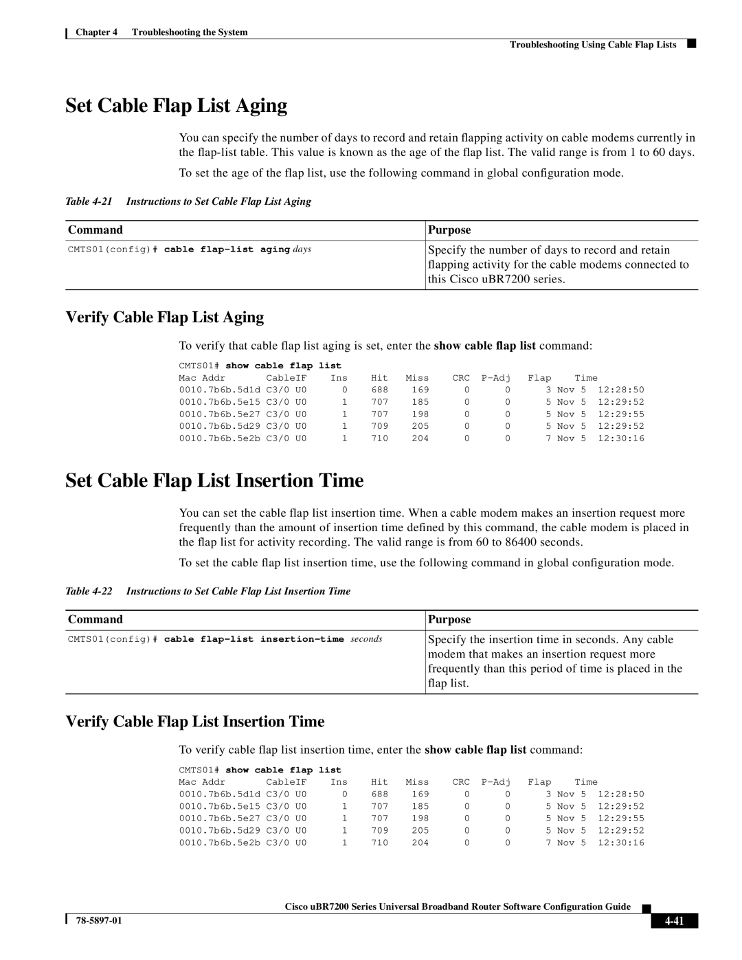 Cisco Systems uBR7200 Series Set Cable Flap List Aging, Set Cable Flap List Insertion Time, Verify Cable Flap List Aging 