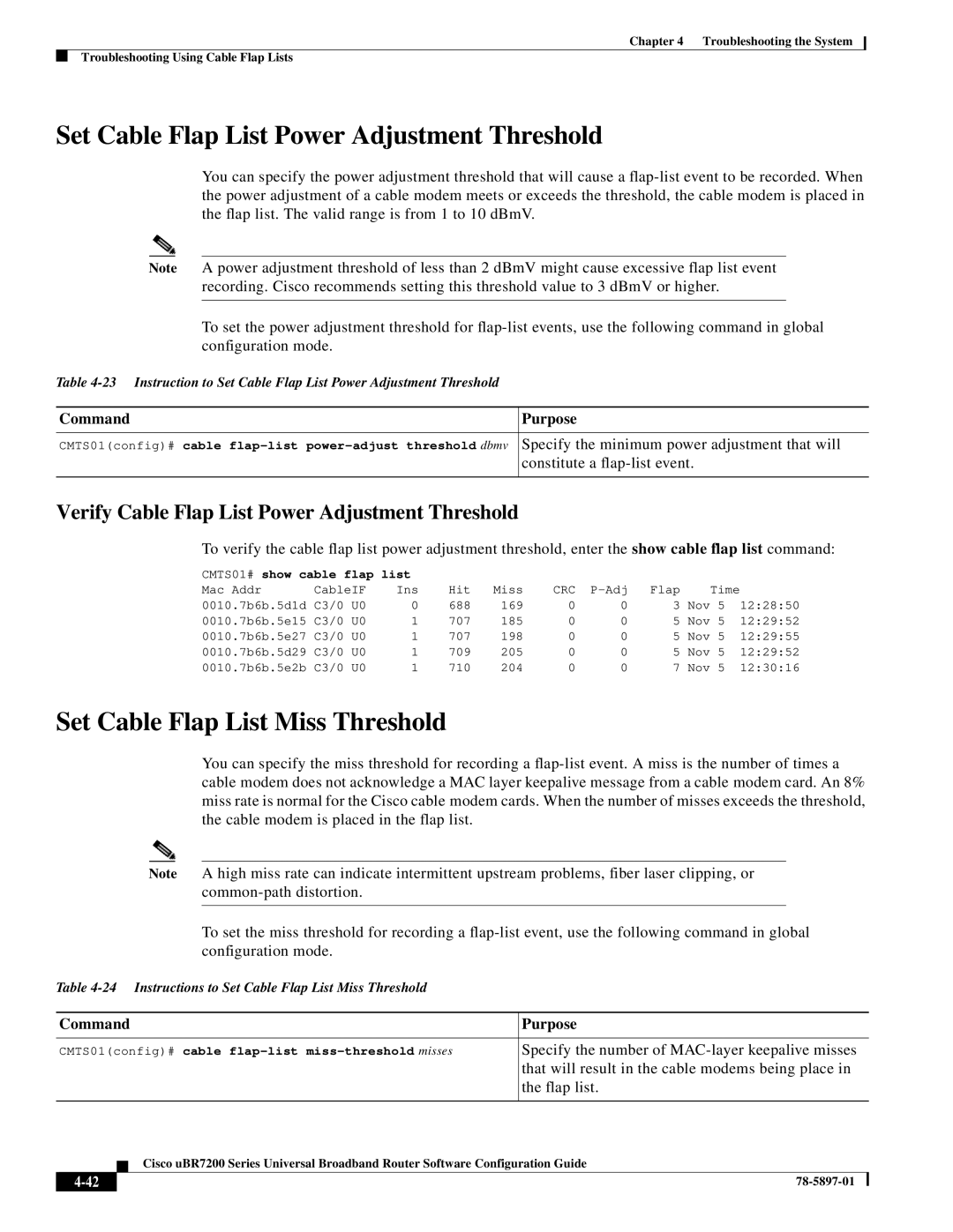 Cisco Systems uBR7200 Series manual Set Cable Flap List Power Adjustment Threshold, Set Cable Flap List Miss Threshold 