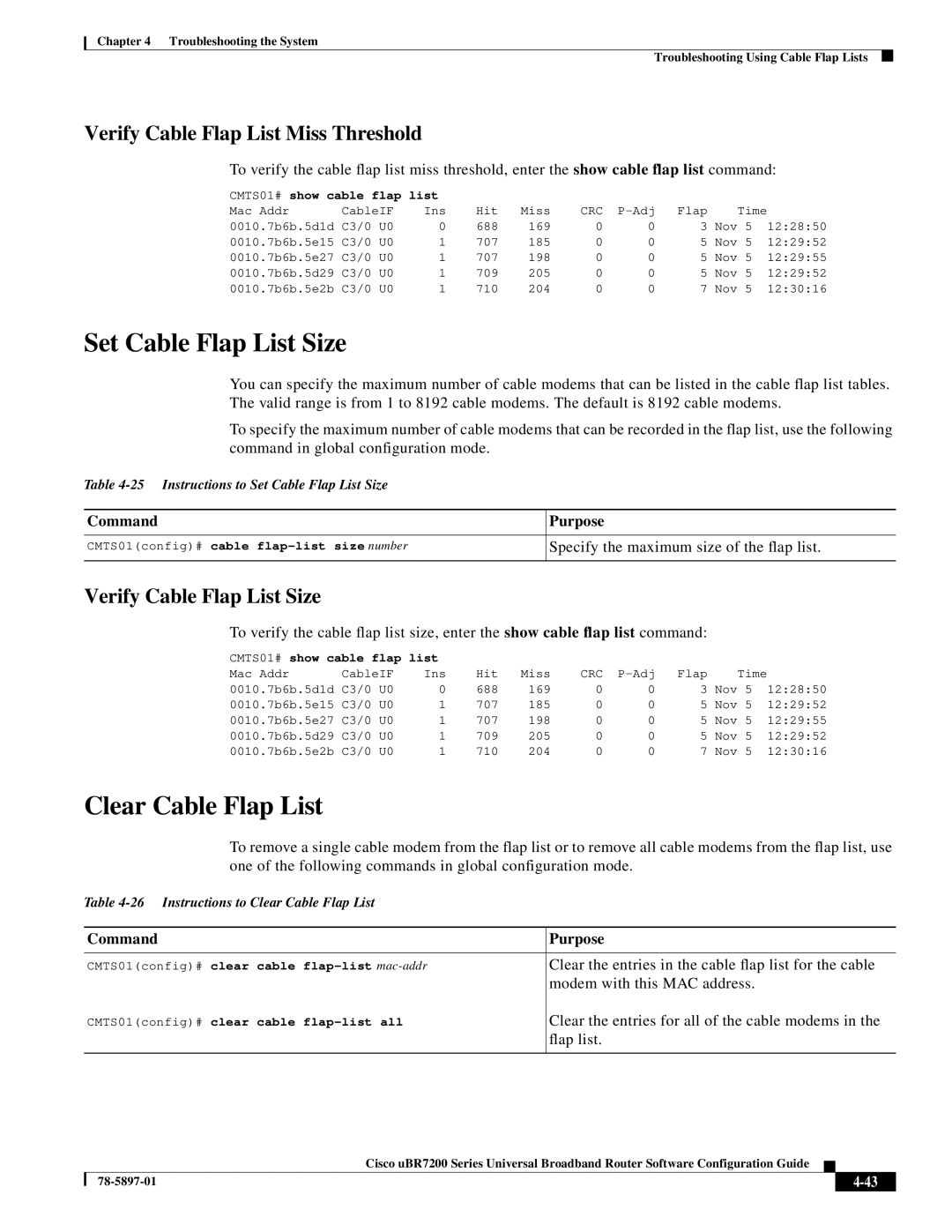 Cisco Systems uBR7200 Series manual Set Cable Flap List Size, Clear Cable Flap List, Verify Cable Flap List Miss Threshold 