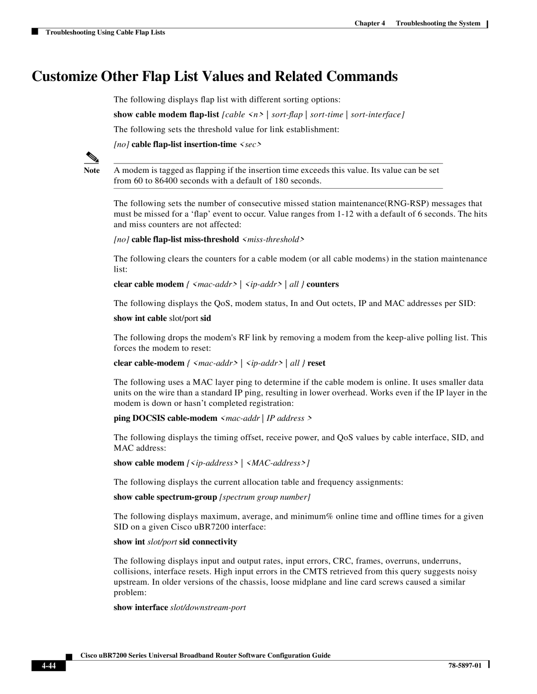 Cisco Systems uBR7200 Series manual Customize Other Flap List Values and Related Commands 