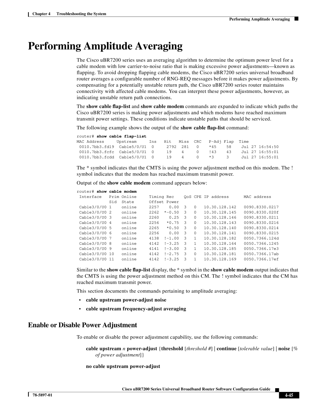 Cisco Systems uBR7200 Series manual Performing Amplitude Averaging, Enable or Disable Power Adjustment 