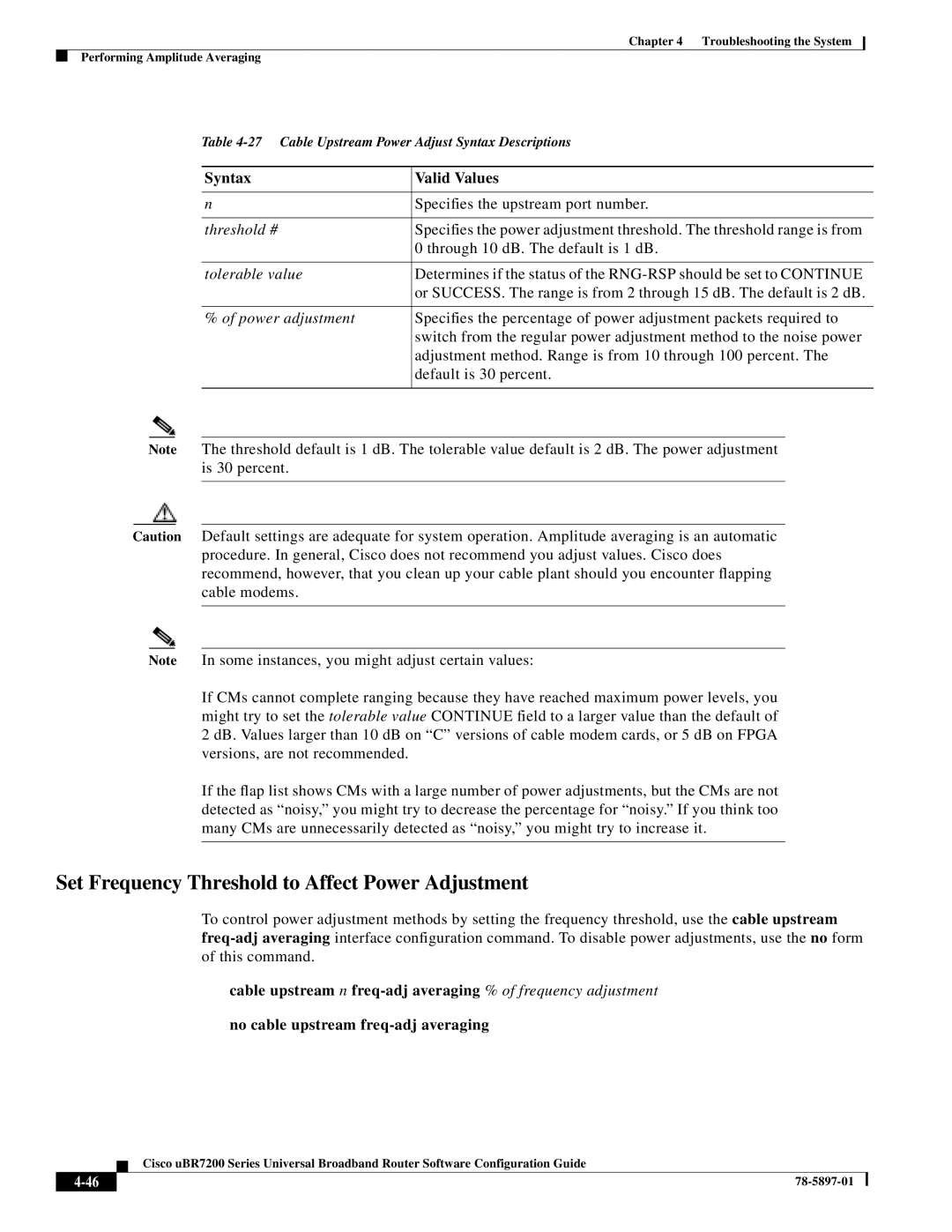 Cisco Systems uBR7200 Series manual Set Frequency Threshold to Affect Power Adjustment, Syntax Valid Values 