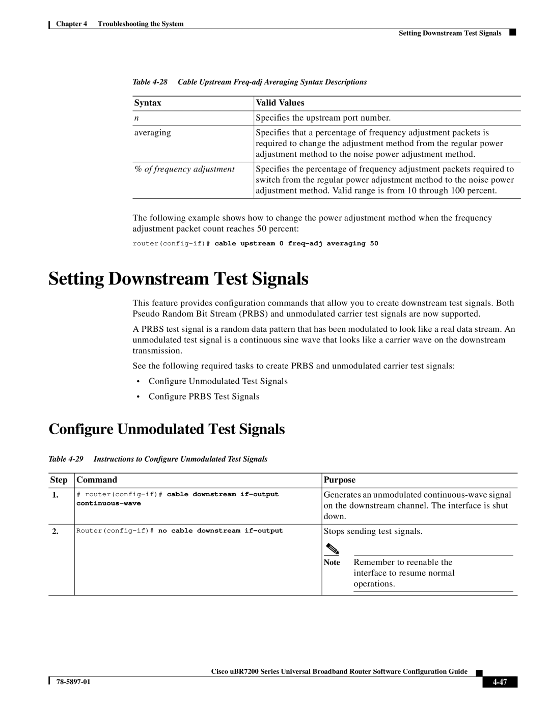 Cisco Systems uBR7200 Series Setting Downstream Test Signals, Configure Unmodulated Test Signals, Step Command Purpose 