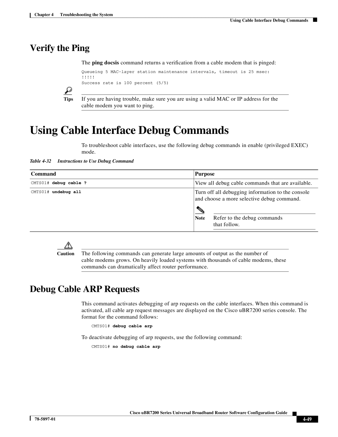 Cisco Systems uBR7200 Series manual Using Cable Interface Debug Commands, Verify the Ping, Debug Cable ARP Requests 