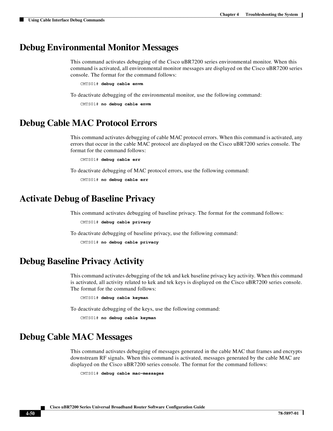 Cisco Systems uBR7200 Series manual Debug Environmental Monitor Messages, Debug Cable MAC Protocol Errors 