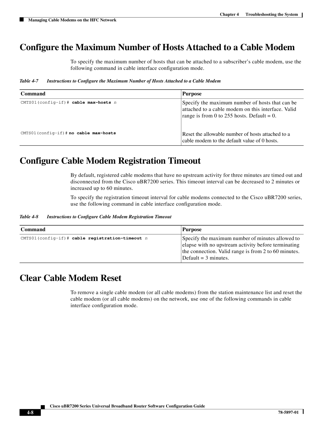 Cisco Systems uBR7200 Series manual Configure Cable Modem Registration Timeout, Clear Cable Modem Reset 