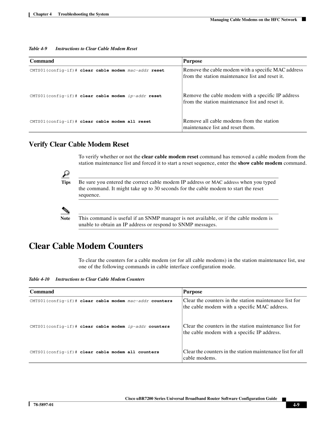 Cisco Systems uBR7200 Series manual Clear Cable Modem Counters, Verify Clear Cable Modem Reset 