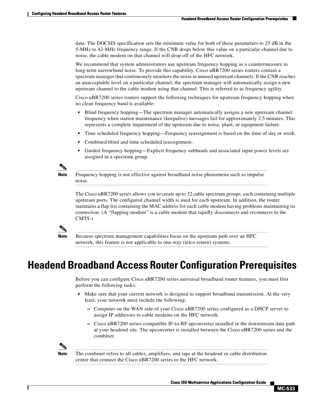 Cisco Systems uBR7200 manual MC-533, Headend Broadband Access Router Configuration Prerequisites 