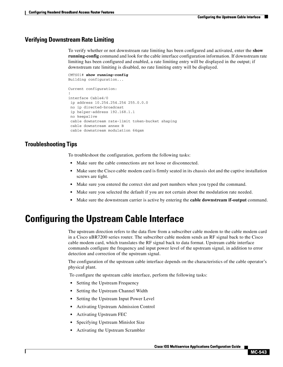 Cisco Systems uBR7200 manual Configuring the Upstream Cable Interface, Verifying Downstream Rate Limiting, MC-543 