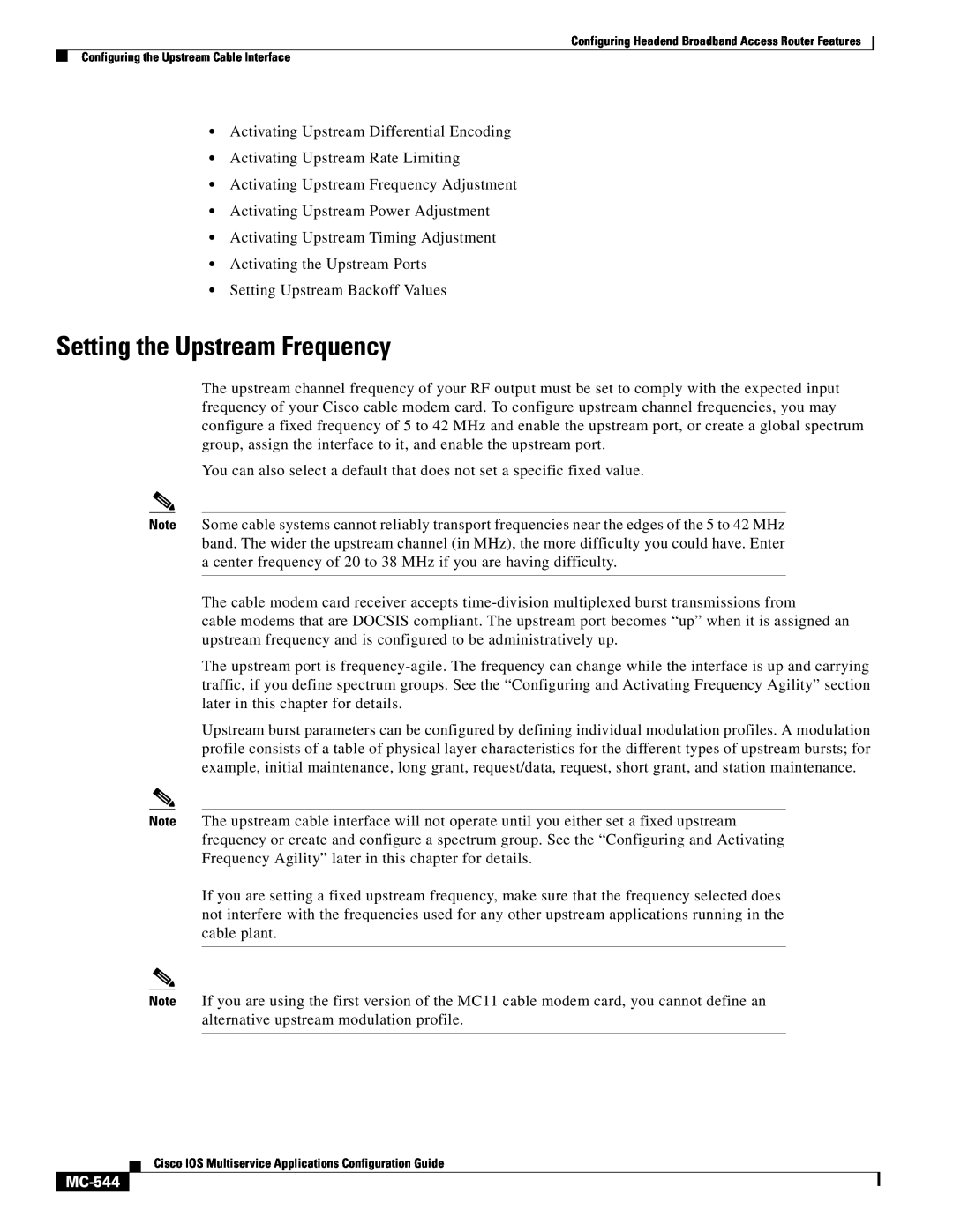 Cisco Systems uBR7200 manual Setting the Upstream Frequency, MC-544 