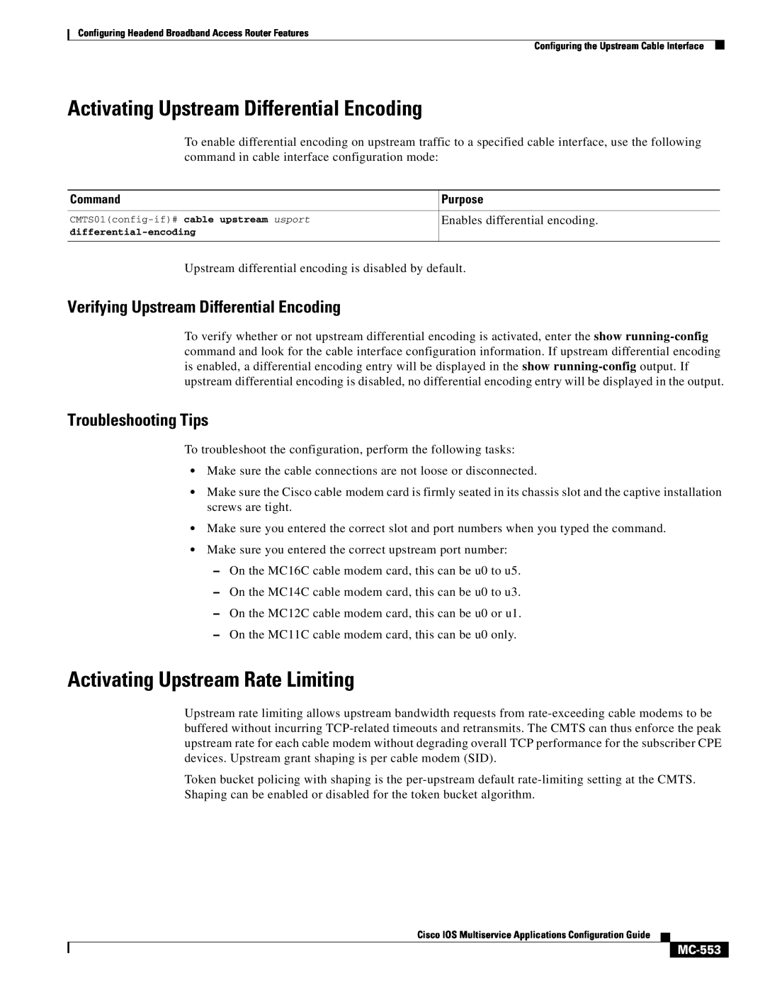 Cisco Systems uBR7200 manual Activating Upstream Differential Encoding, Activating Upstream Rate Limiting, MC-553, Command 