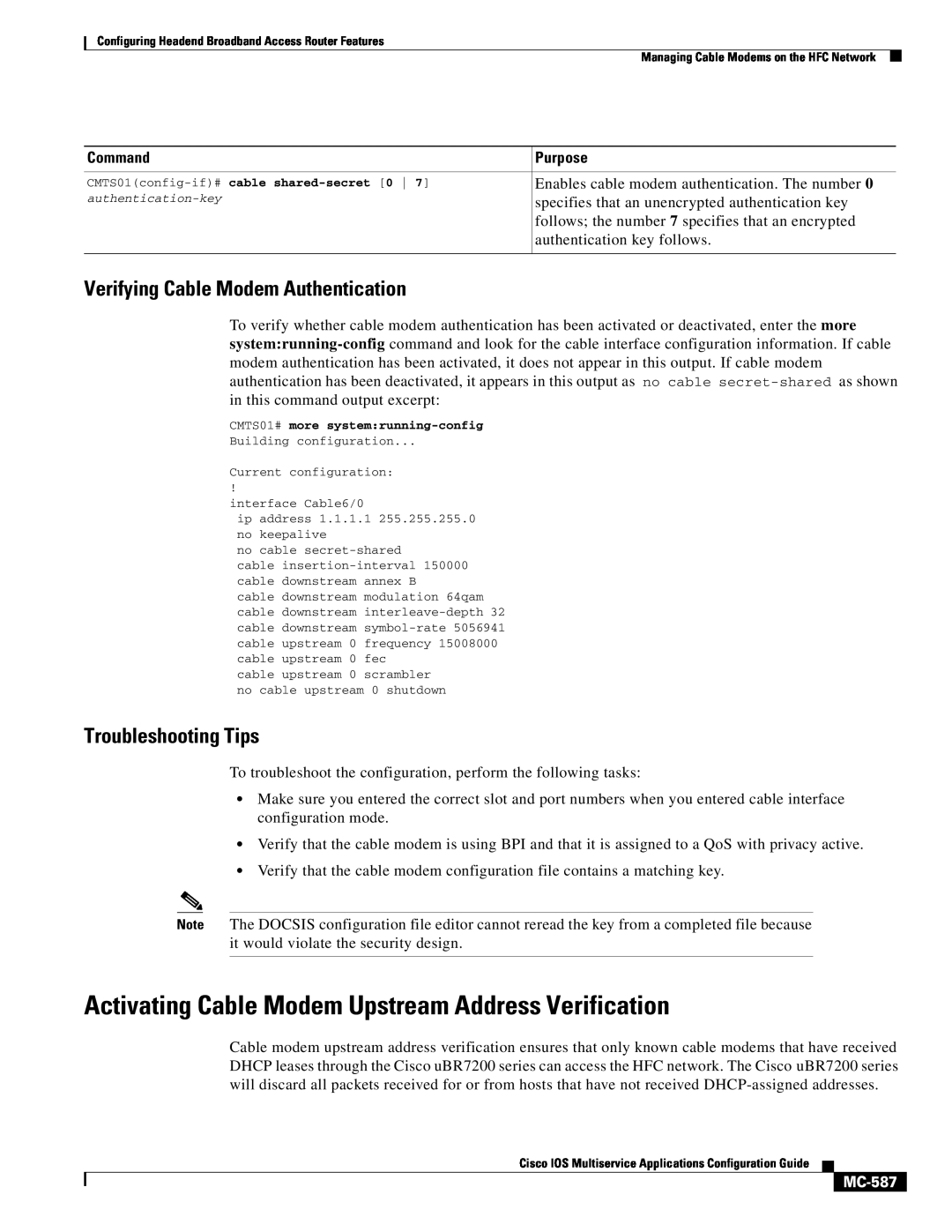 Cisco Systems uBR7200 Activating Cable Modem Upstream Address Verification, Verifying Cable Modem Authentication, MC-587 