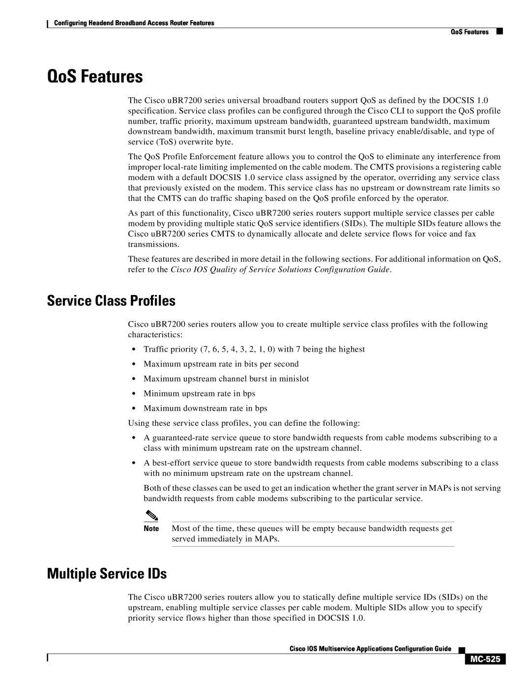 Cisco Systems uBR7200 manual QoS Features, Service Class Profiles, Multiple Service IDs, MC-525 