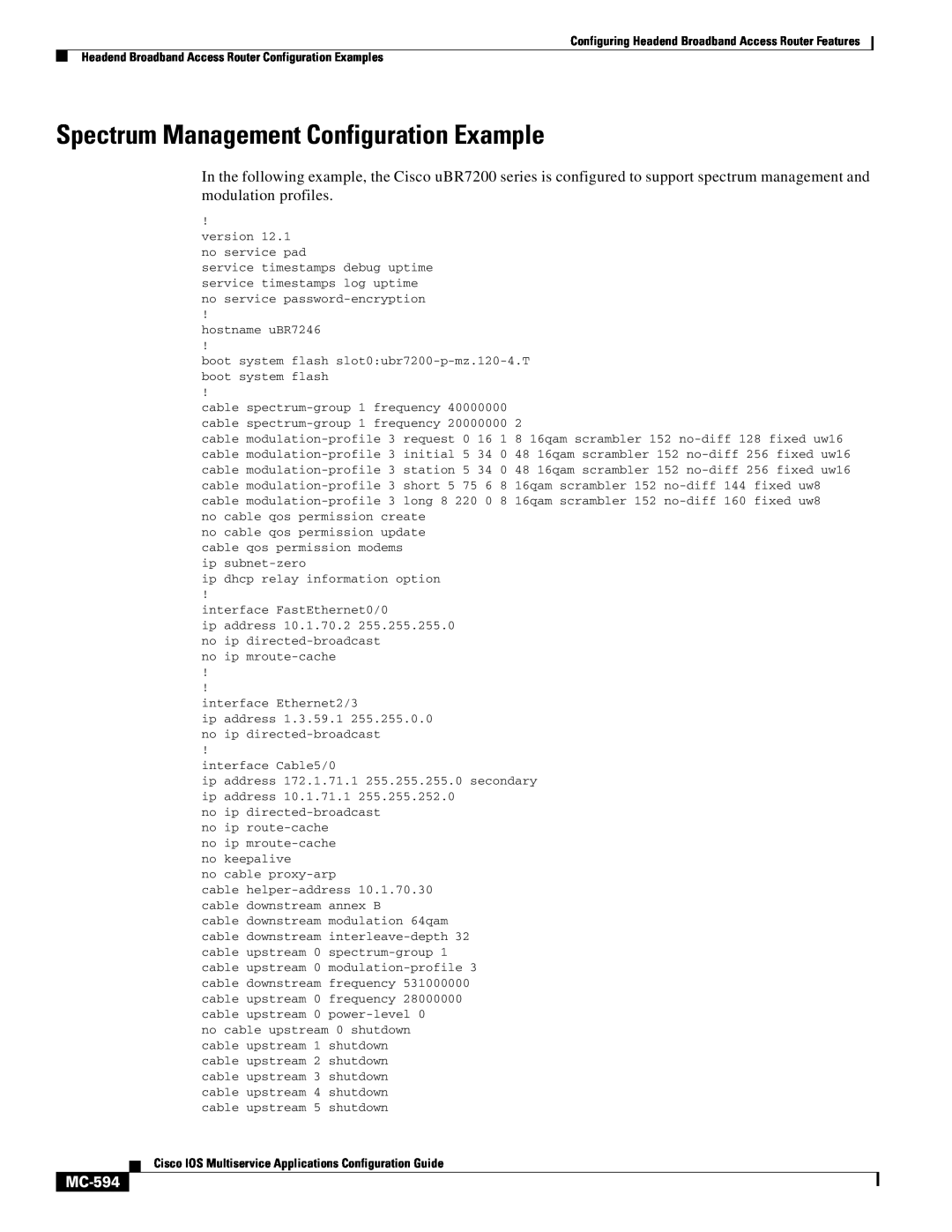 Cisco Systems uBR7200 manual Spectrum Management Configuration Example, MC-594 