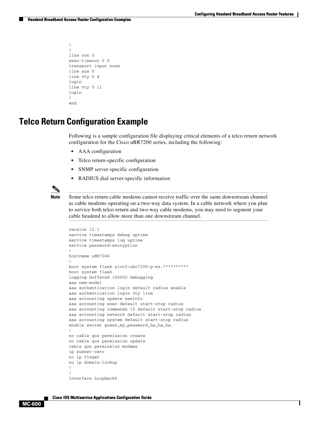 Cisco Systems uBR7200 manual Telco Return Configuration Example, MC-600 