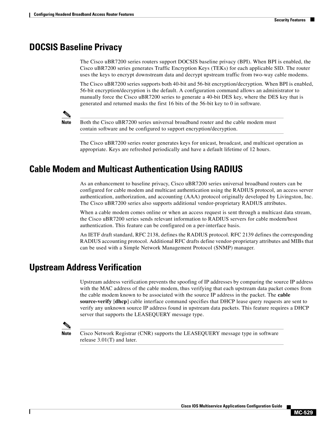 Cisco Systems uBR7200 manual Docsis Baseline Privacy, Cable Modem and Multicast Authentication Using Radius, MC-529 