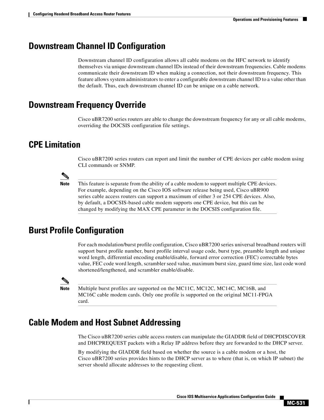 Cisco Systems uBR7200 manual Downstream Channel ID Configuration, Downstream Frequency Override, CPE Limitation 