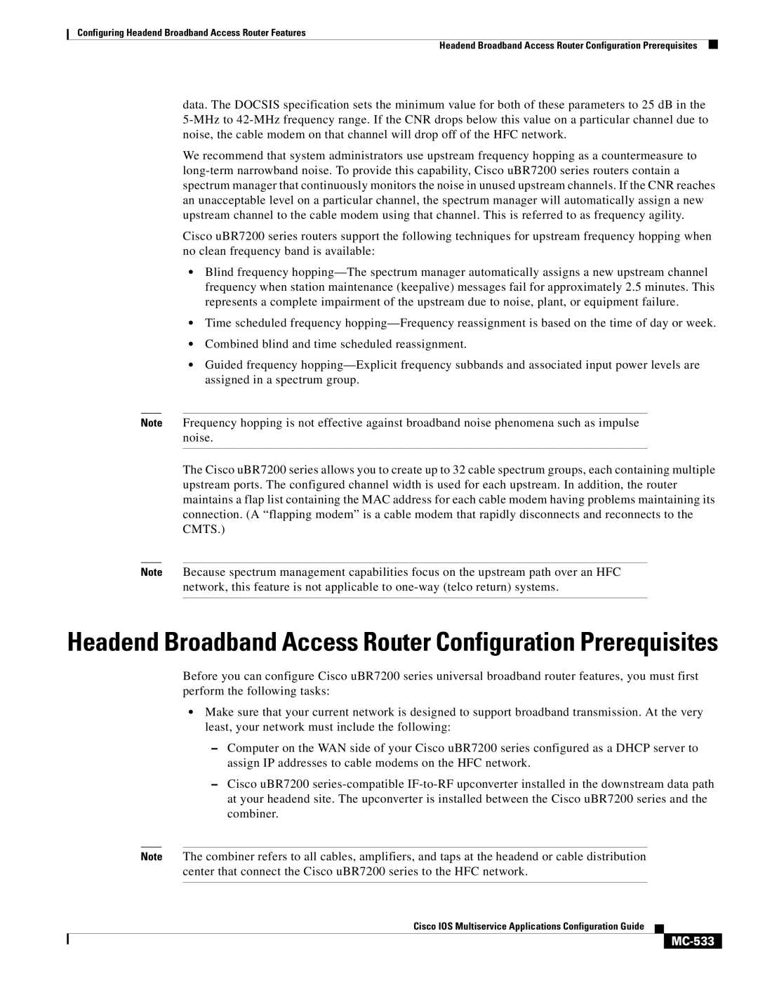 Cisco Systems uBR7200 manual Headend Broadband Access Router Configuration Prerequisites, MC-533 