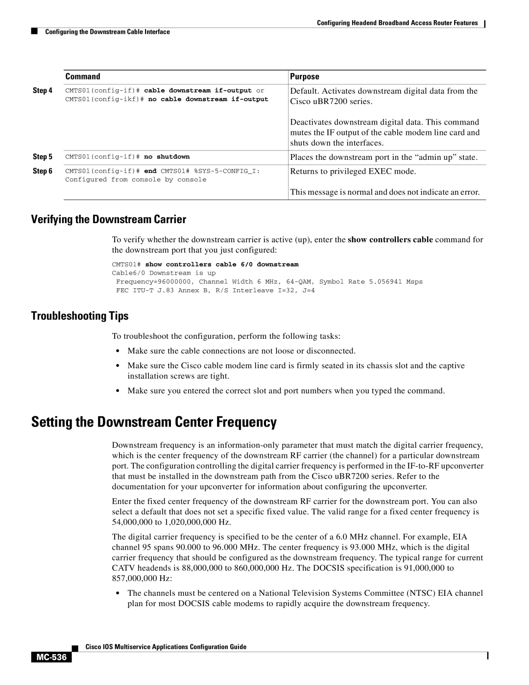 Cisco Systems uBR7200 Setting the Downstream Center Frequency, Verifying the Downstream Carrier, Troubleshooting Tips 