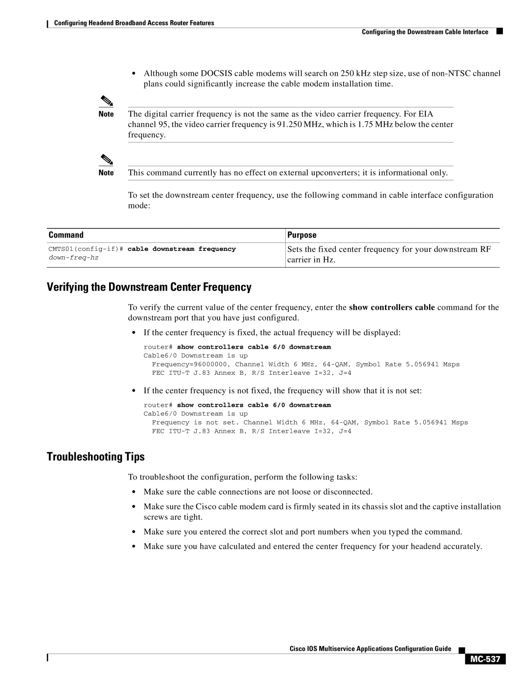 Cisco Systems uBR7200 manual Verifying the Downstream Center Frequency, MC-537, CMTS01config-if#cable downstream frequency 