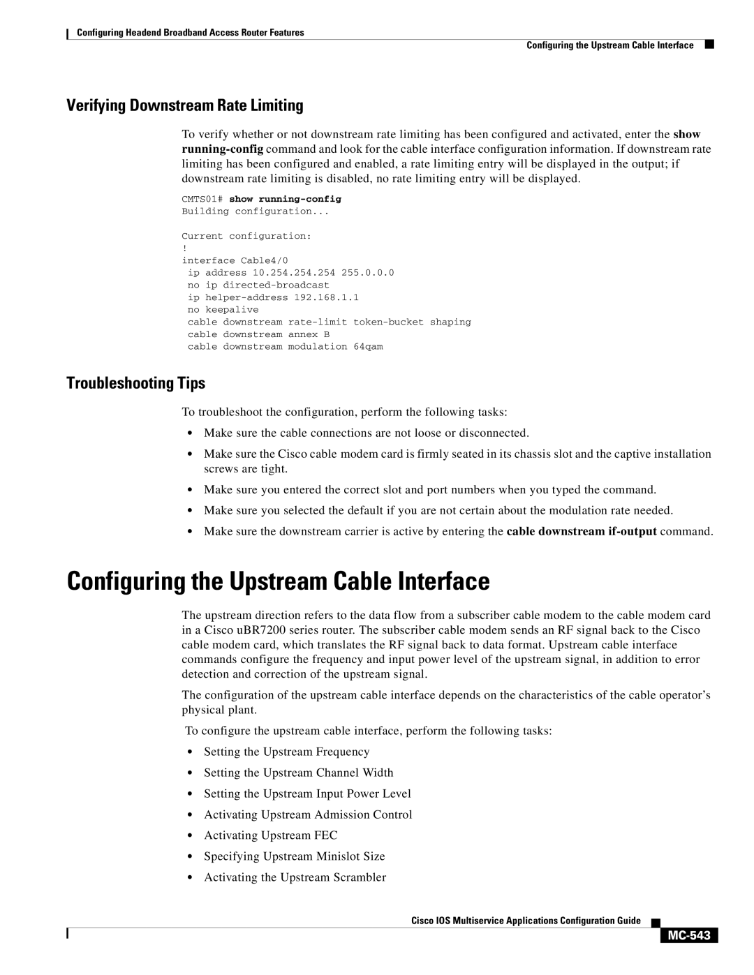 Cisco Systems uBR7200 manual Configuring the Upstream Cable Interface, Verifying Downstream Rate Limiting, MC-543 