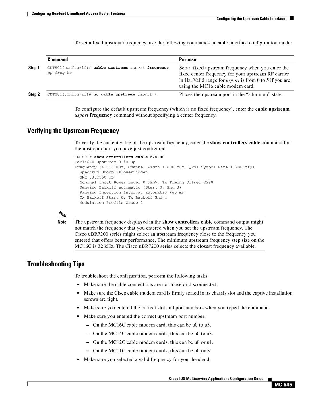 Cisco Systems uBR7200 manual Verifying the Upstream Frequency, MC-545, CMTS01# show controllers cable 6/0 u0 