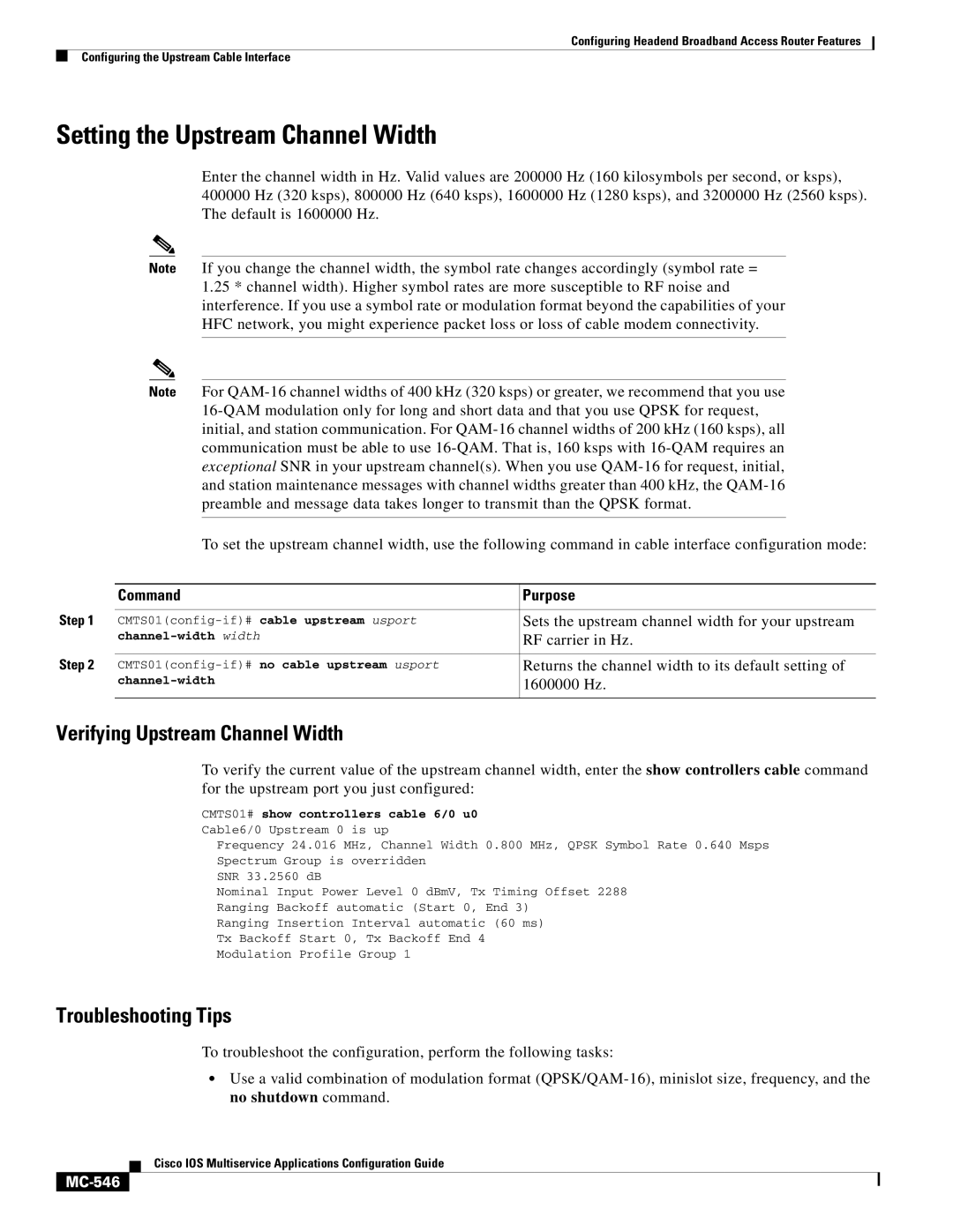 Cisco Systems uBR7200 Setting the Upstream Channel Width, Verifying Upstream Channel Width, MC-546, Channel-width width 