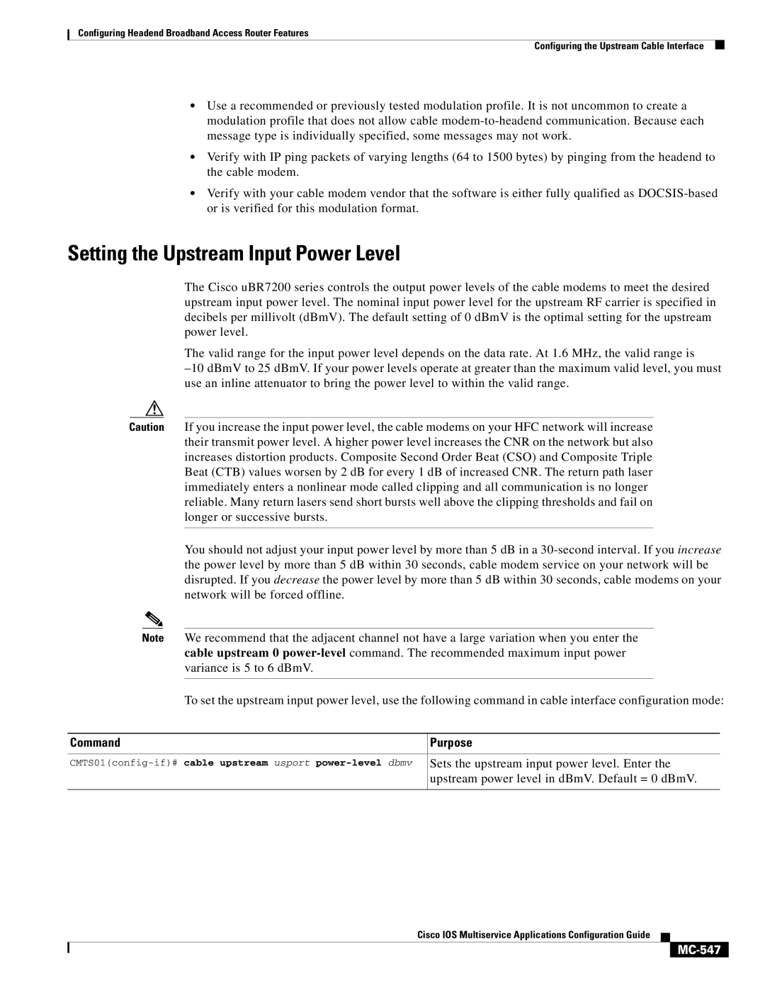 Cisco Systems uBR7200 manual Setting the Upstream Input Power Level, MC-547 