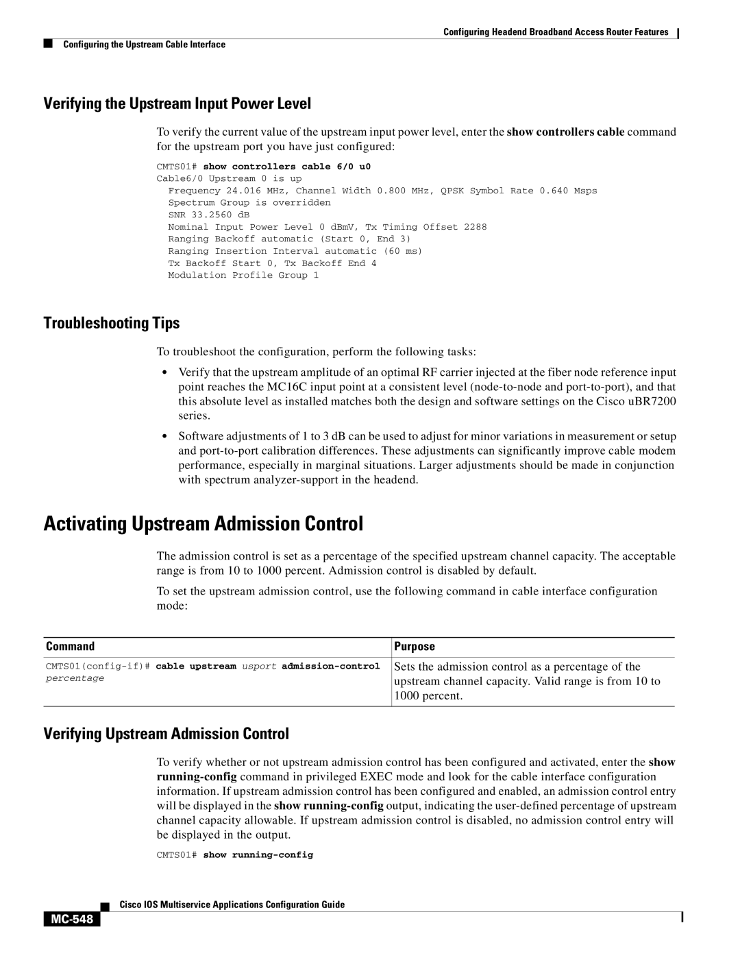 Cisco Systems uBR7200 manual Activating Upstream Admission Control, Verifying the Upstream Input Power Level, MC-548 