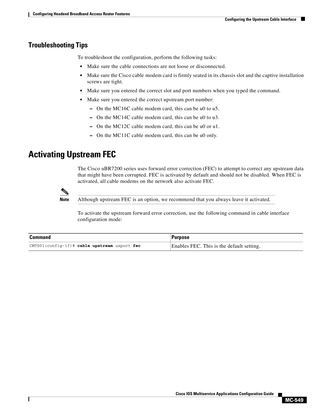 Cisco Systems uBR7200 manual Activating Upstream FEC, MC-549 