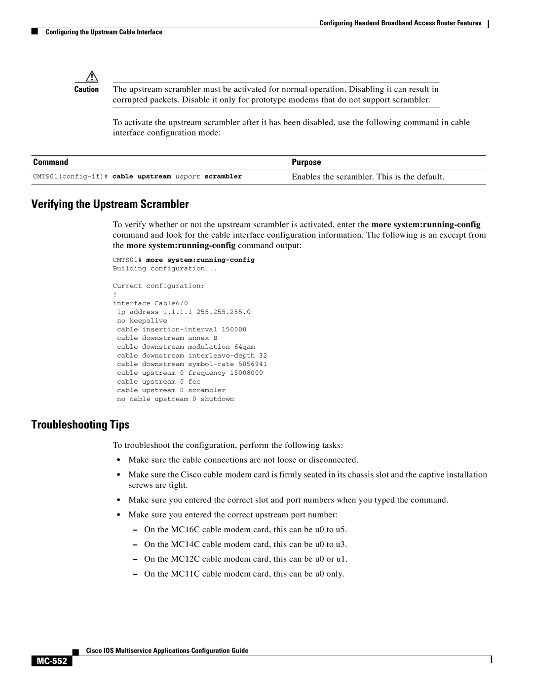 Cisco Systems uBR7200 manual Verifying the Upstream Scrambler, MC-552, CMTS01config-if#cable upstream usport scrambler 