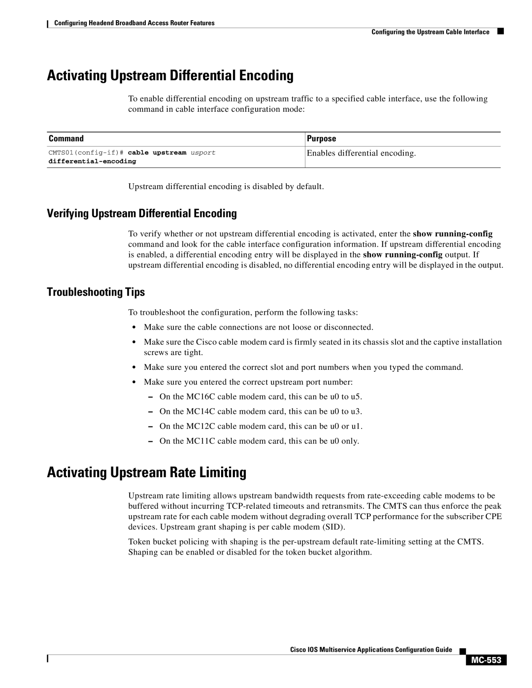 Cisco Systems uBR7200 manual Activating Upstream Differential Encoding, Activating Upstream Rate Limiting, MC-553 